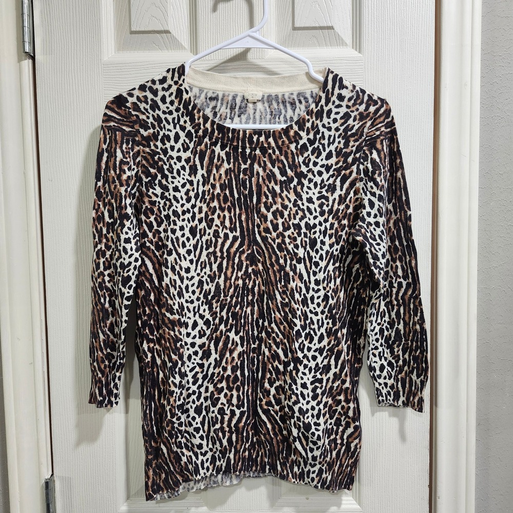 J.Crew Womens Leopard Print Cotton Crewneck Sweater Brown Tan 3/4 Sleeve Size S‎